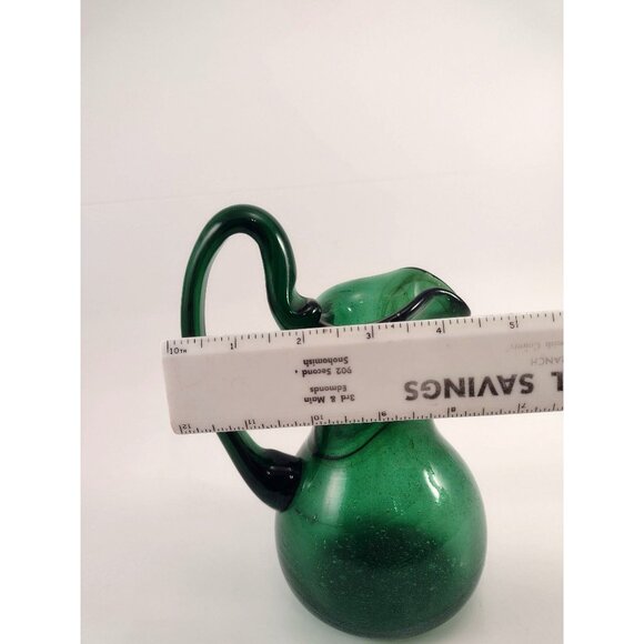 Vintage Hand-Blown Emerald Green Glass Pitcher Vase Jug Curved Handle SIGNED - Picture 10 of 11